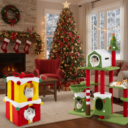Cat Furniture Set with 58 Inch Tall Cat Tree Tower and 2 Gift Box Shaped Cute Christmas Cat House