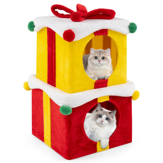 Cat Furniture Set with 58 Inch Tall Cat Tree Tower and 2 Gift Box Shaped Cute Christmas Cat House
