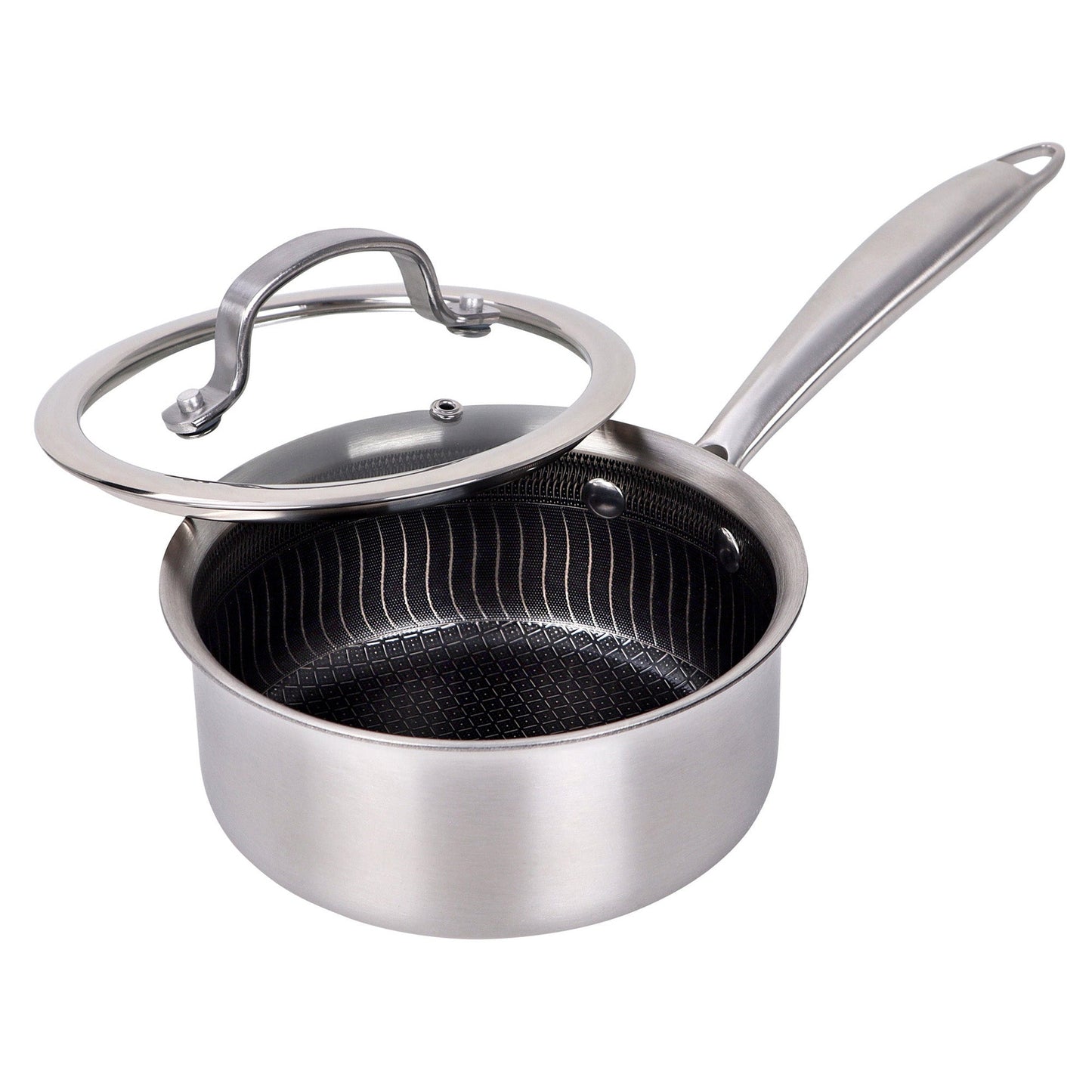 Brentwood 1.5 Quart 3-Ply Hybrid Non-Stick Stainless Steel Saucepan with Tempered Glass Lid W2B