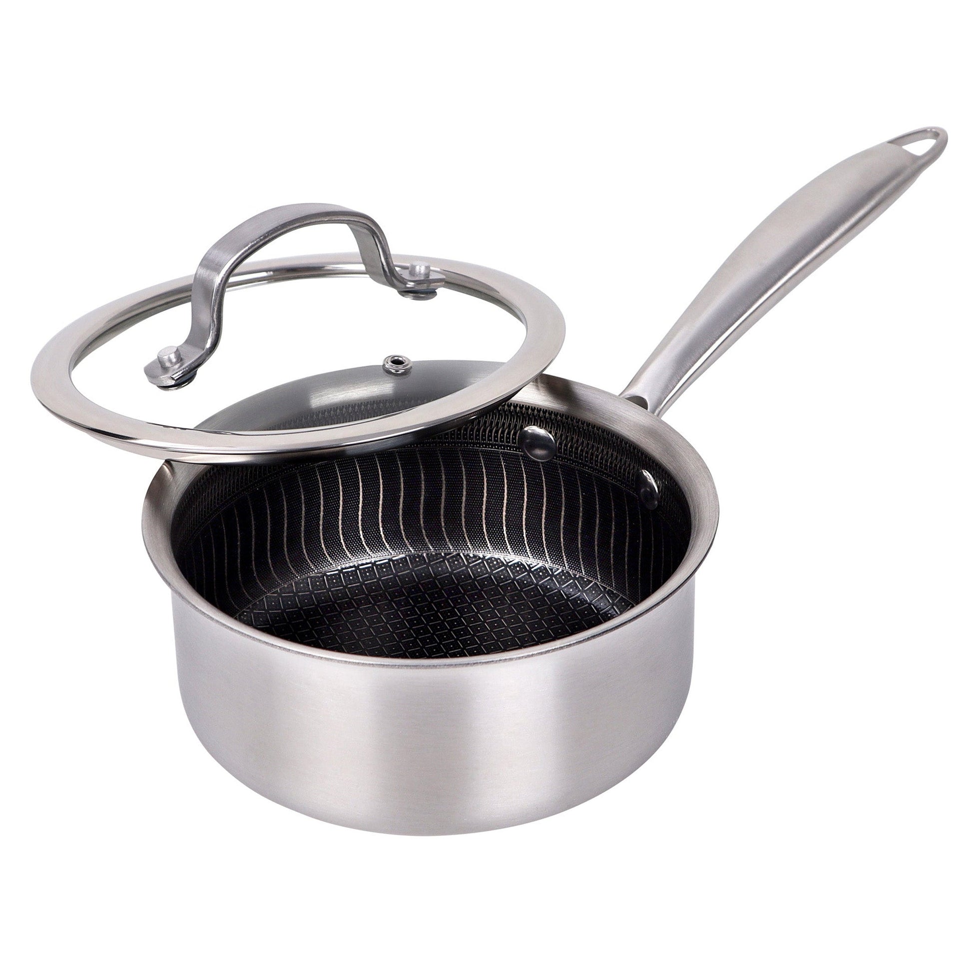 Brentwood 1.5 Quart 3-Ply Hybrid Non-Stick Stainless Steel Saucepan with Tempered Glass Lid W2B