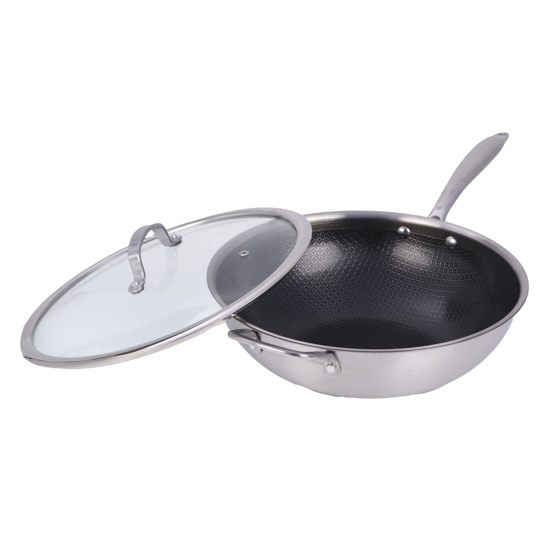 Brentwood 12-inch 4.2 Quarts Hybrid Non-Stick Stainless Steel Wok with Glass Lid W2B