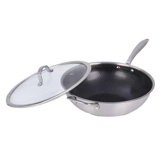 Brentwood 12-inch 4.2 Quarts Hybrid Non-Stick Stainless Steel Wok with Glass Lid W2B
