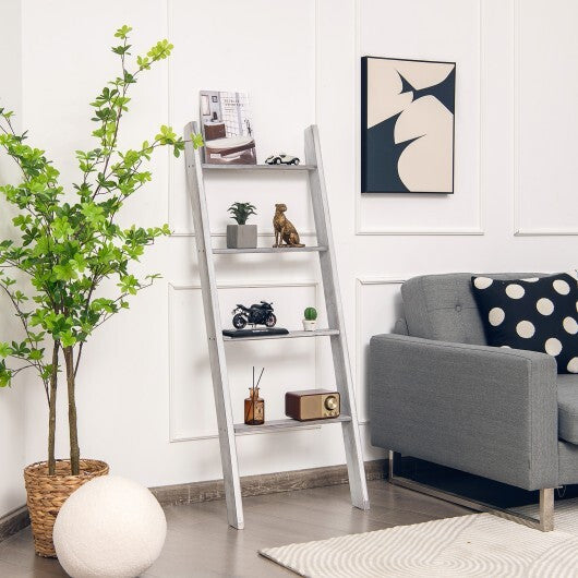 4-Tier Wall Leaning Ladder Shelf Stand-Gray W2B