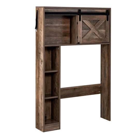4-Tier Over The Toilet Storage Cabinet with Sliding Barn Door and Storage Shelves-Brown - Color: Brown W2B