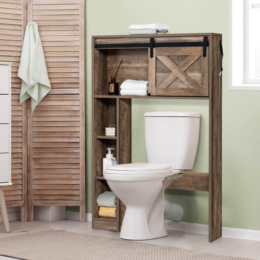 4-Tier Over The Toilet Storage Cabinet with Sliding Barn Door and Storage Shelves-Brown - Color: Brown W2B