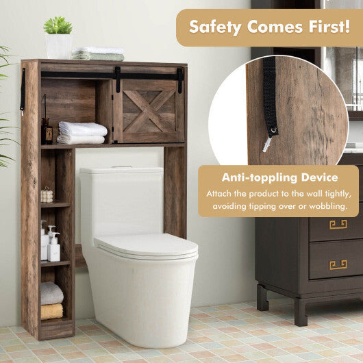 4-Tier Over The Toilet Storage Cabinet with Sliding Barn Door and Storage Shelves-Brown - Color: Brown W2B