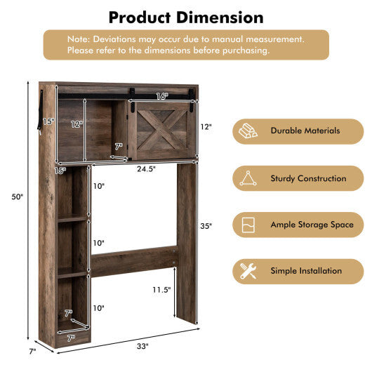 4-Tier Over The Toilet Storage Cabinet with Sliding Barn Door and Storage Shelves-Brown - Color: Brown W2B