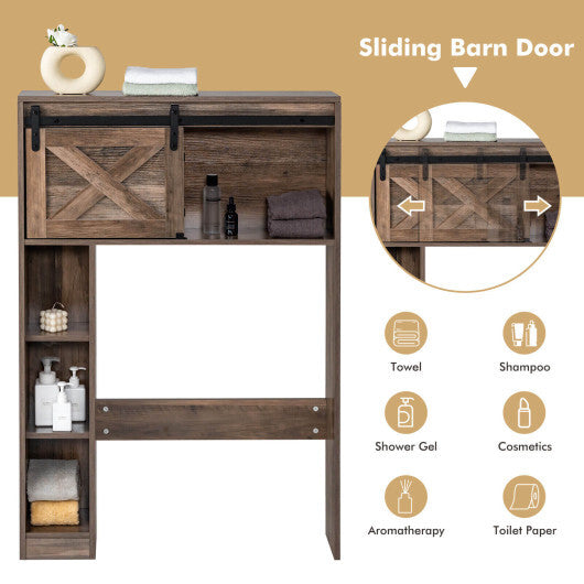 4-Tier Over The Toilet Storage Cabinet with Sliding Barn Door and Storage Shelves-Brown - Color: Brown W2B