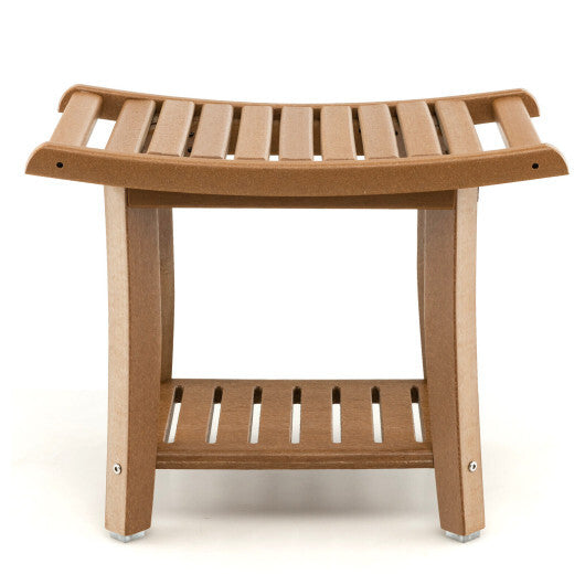 Waterproof Bath Stool with Curved Seat and Storage Shelf-Brown W2B