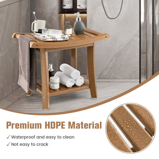 Waterproof Bath Stool with Curved Seat and Storage Shelf-Brown W2B