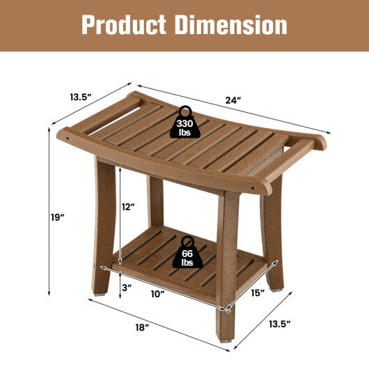 Waterproof Bath Stool with Curved Seat and Storage Shelf-Brown W2B