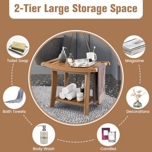 Waterproof Bath Stool with Curved Seat and Storage Shelf-Brown W2B