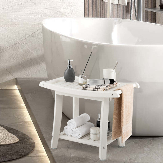 Waterproof Bath Stool with Curved Seat and Storage Shelf-Brown W2B