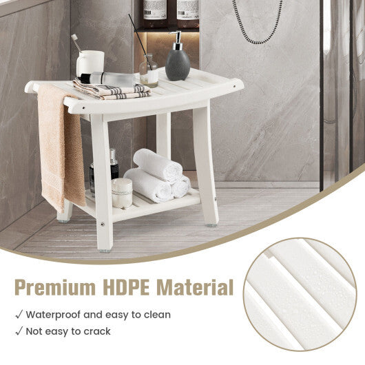 Waterproof Bath Stool with Curved Seat and Storage Shelf-Brown W2B
