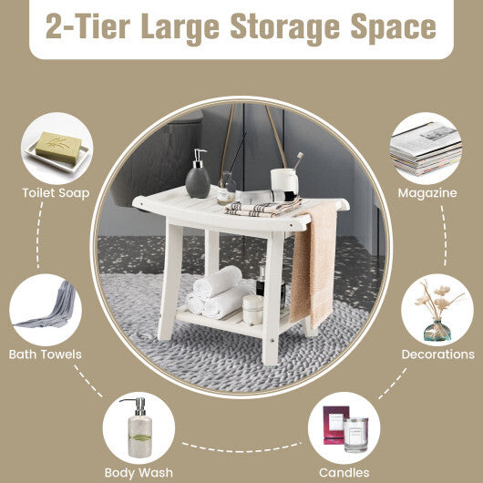 Waterproof Bath Stool with Curved Seat and Storage Shelf-Brown W2B