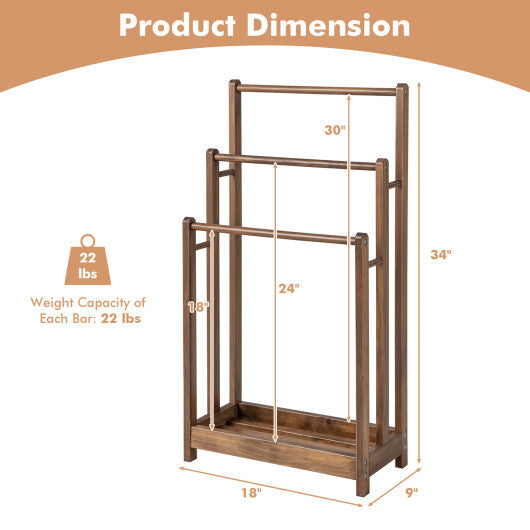 Freestanding Towel Rack 3-Bar Hand Towel Drying Stand with Bottom Storage Shelf-Rustic Brown W2B
