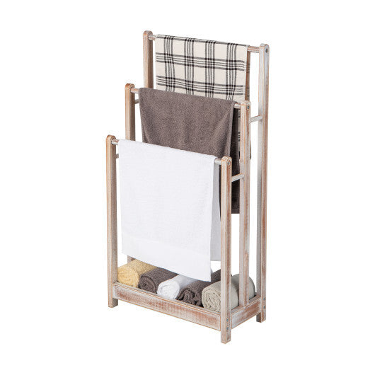 Freestanding Towel Rack 3-Bar Hand Towel Drying Stand with Bottom Storage Shelf-Rustic Brown W2B