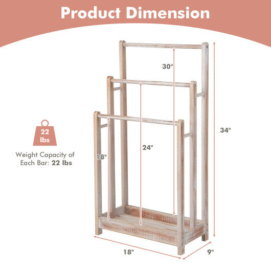 Freestanding Towel Rack 3-Bar Hand Towel Drying Stand with Bottom Storage Shelf-Rustic Brown W2B