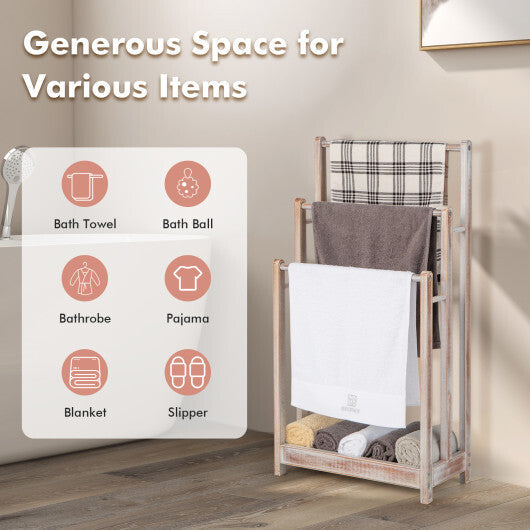 Freestanding Towel Rack 3-Bar Hand Towel Drying Stand with Bottom Storage Shelf-Rustic Brown W2B