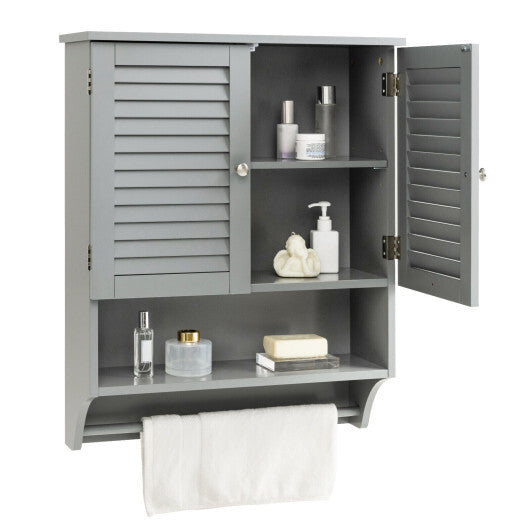 2-Doors Bathroom Wall-Mounted Medicine Cabinet with Towel Bar-White W2B