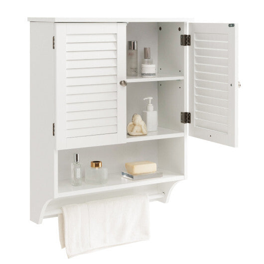 2-Doors Bathroom Wall-Mounted Medicine Cabinet with Towel Bar-White W2B