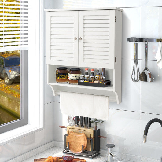2-Doors Bathroom Wall-Mounted Medicine Cabinet with Towel Bar-White W2B