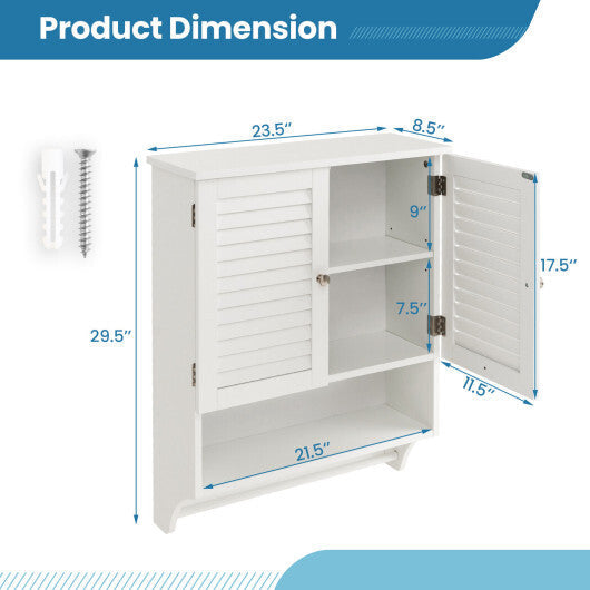 2-Doors Bathroom Wall-Mounted Medicine Cabinet with Towel Bar-White W2B