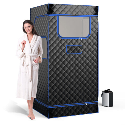 Portable Steam Sauna with 3L Steam Generator Remote Control Wood Foot Massager and Foldable Chair for Home-Black W2B