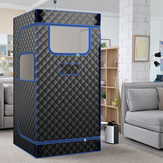 Portable Steam Sauna with 3L Steam Generator Remote Control Wood Foot Massager and Foldable Chair for Home-Black W2B