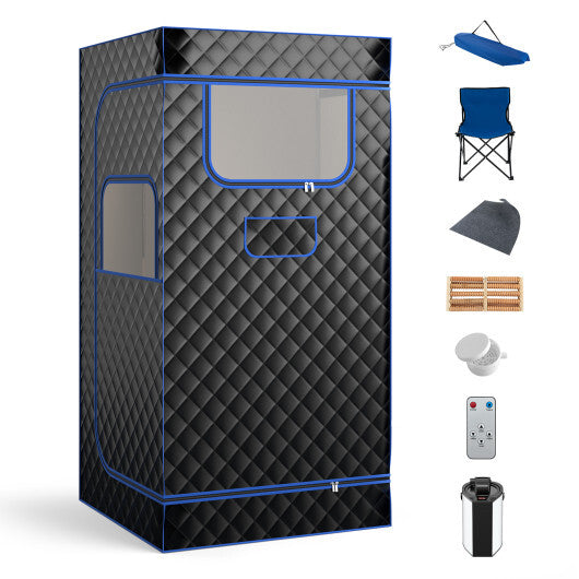 Portable Steam Sauna with 3L Steam Generator Remote Control Wood Foot Massager and Foldable Chair for Home-Black W2B