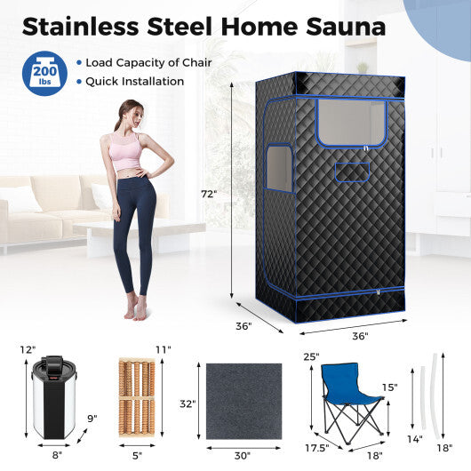 Portable Steam Sauna with 3L Steam Generator Remote Control Wood Foot Massager and Foldable Chair for Home-Black W2B