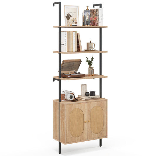 72.5 Inch 6-Tier Wall Mounted Ladder Bookshelf with Rattan Cabinet-Natural