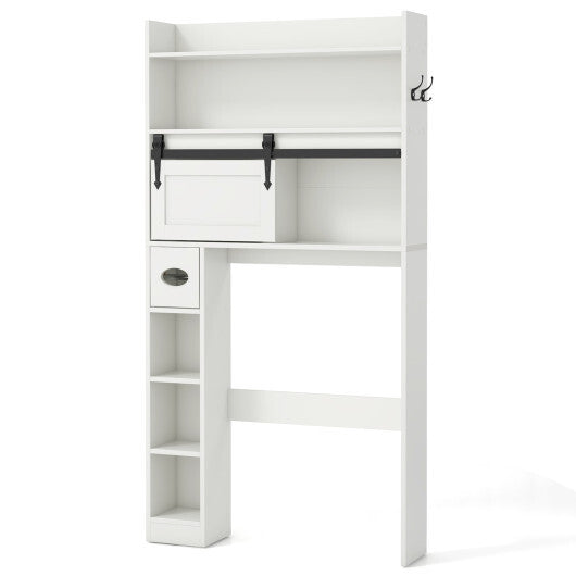 Over The Toilet Storage Cabinet with Sliding Barn Door and Adjustable Shelves-White W2B