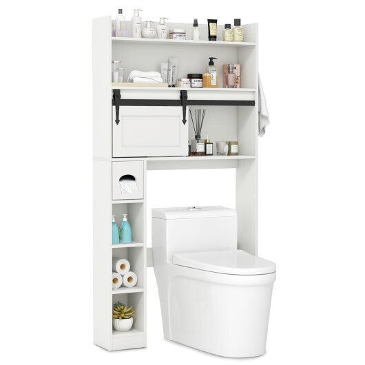 Over The Toilet Storage Cabinet with Sliding Barn Door and Adjustable Shelves-White W2B