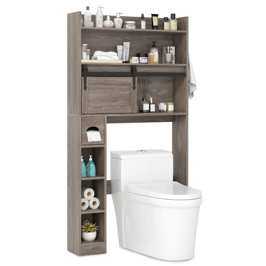 Over The Toilet Storage Cabinet with Sliding Barn Door and Adjustable Shelves-White W2B
