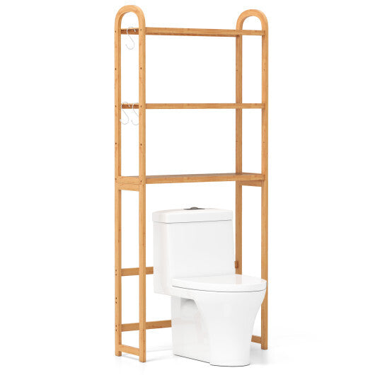 3-Tier Bamboo Bathroom Floor Organizer with 5-Position Shelves and 3 Hooks-Natural W2B