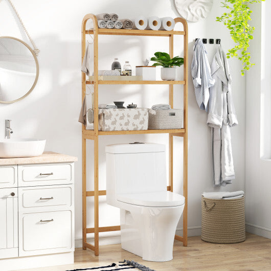 3-Tier Bamboo Bathroom Floor Organizer with 5-Position Shelves and 3 Hooks-Natural W2B