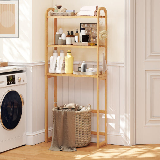 3-Tier Bamboo Bathroom Floor Organizer with 5-Position Shelves and 3 Hooks-Natural W2B