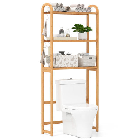 3-Tier Bamboo Bathroom Floor Organizer with 5-Position Shelves and 3 Hooks-Natural W2B