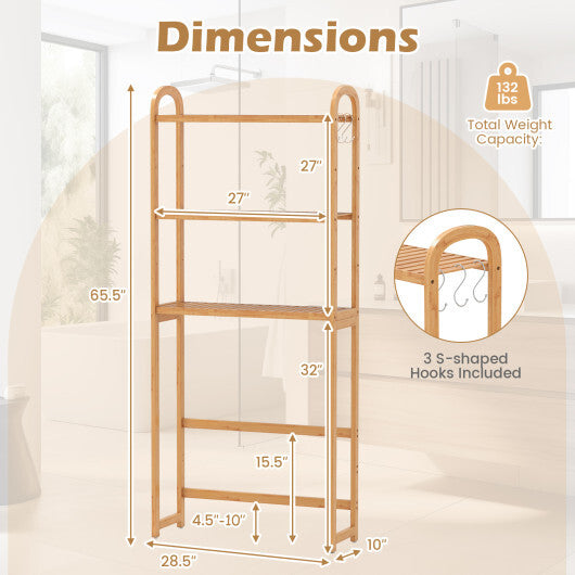 3-Tier Bamboo Bathroom Floor Organizer with 5-Position Shelves and 3 Hooks-Natural W2B