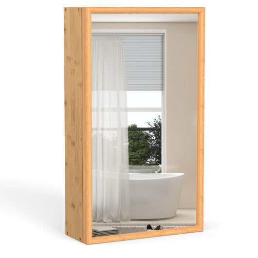 Bamboo Small Medicine Cabinet with Mirror Door and Removable Shelves-Natural W2B