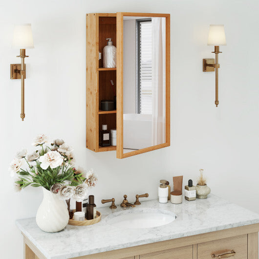 Bamboo Small Medicine Cabinet with Mirror Door and Removable Shelves-Natural W2B