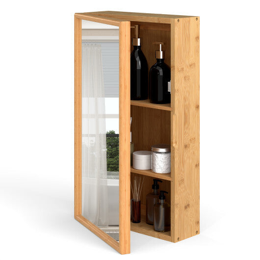 Bamboo Small Medicine Cabinet with Mirror Door and Removable Shelves-Natural W2B