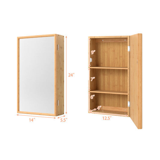 Bamboo Small Medicine Cabinet with Mirror Door and Removable Shelves-Natural W2B