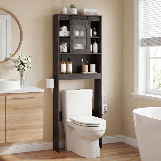 Over Toilet Storage Cabinet with Sliding Barn Door and Open Shelves for Bathroom-Oak W2B
