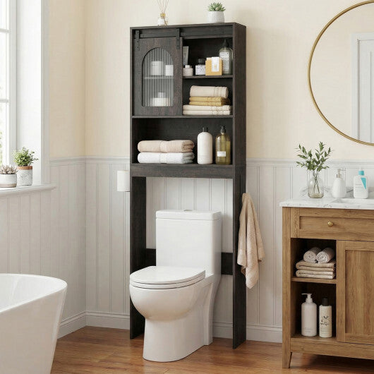 Over Toilet Storage Cabinet with Sliding Barn Door and Open Shelves for Bathroom-Oak W2B