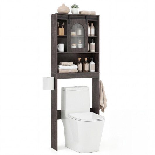 Over Toilet Storage Cabinet with Sliding Barn Door and Open Shelves for Bathroom-Oak W2B