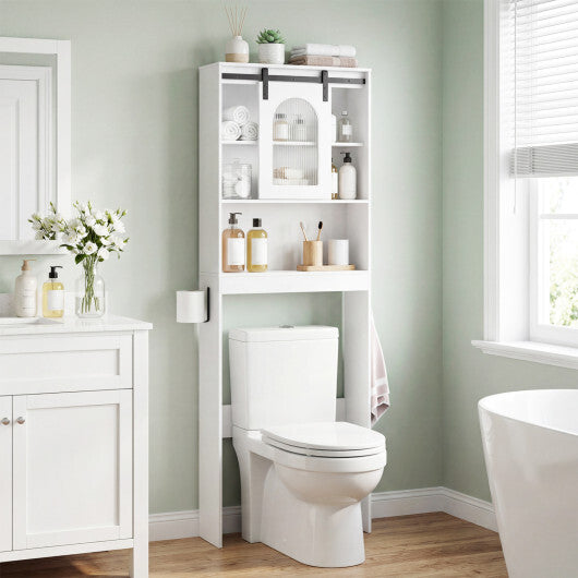 Over Toilet Storage Cabinet with Sliding Barn Door and Open Shelves for Bathroom-Oak W2B