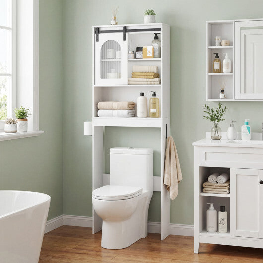 Over Toilet Storage Cabinet with Sliding Barn Door and Open Shelves for Bathroom-Oak W2B