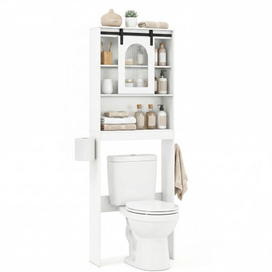 Over Toilet Storage Cabinet with Sliding Barn Door and Open Shelves for Bathroom-Oak W2B